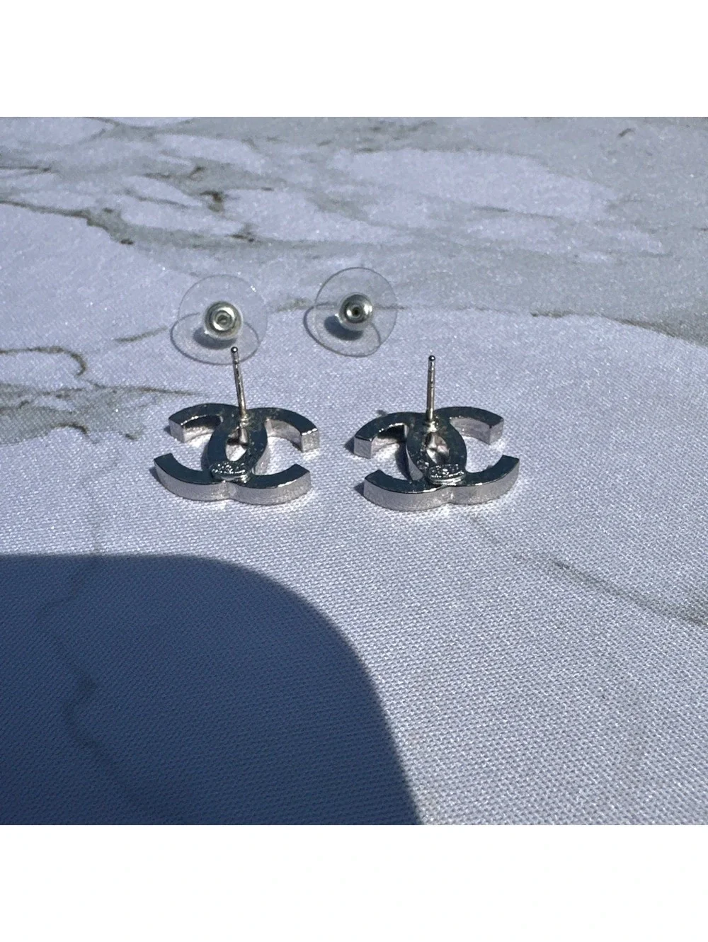 Chanel 05A CC Logo Earrings Black Enamel Silver Tone France